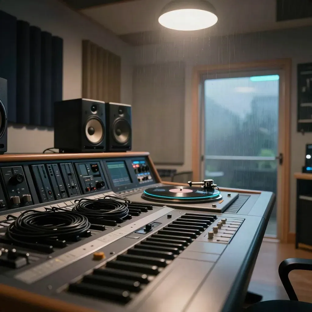 Moody mastering studio with speakers, console, rack gear and a glowing lacquer disc