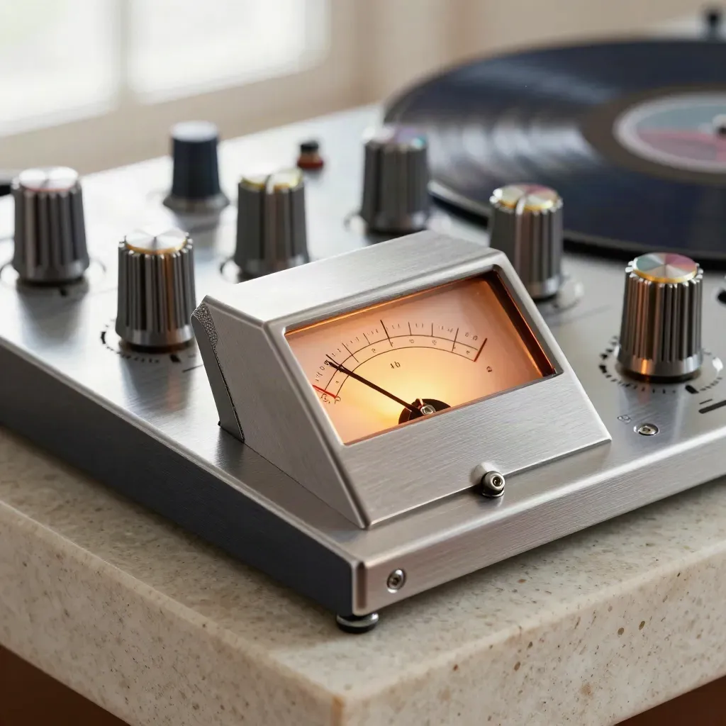 Macro of mastering compressor knobs, VU meters, and a lacquer disc edge on travertine.