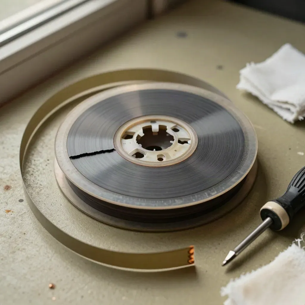 Macro of tape restoration tools on a worn work surface with dust and texture.
