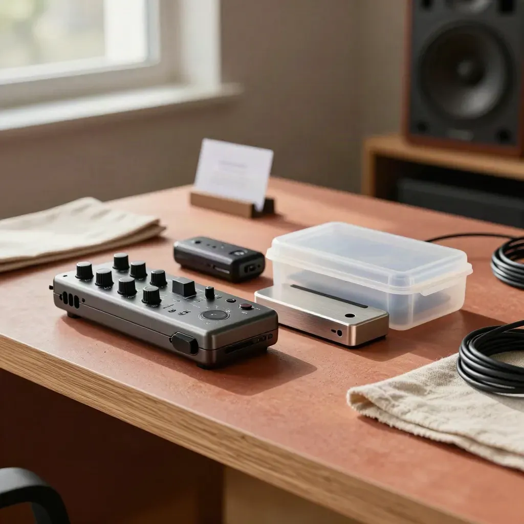 Mastering handoff kit with recorder, receiver, drive dock and sealed media case on terracotta.