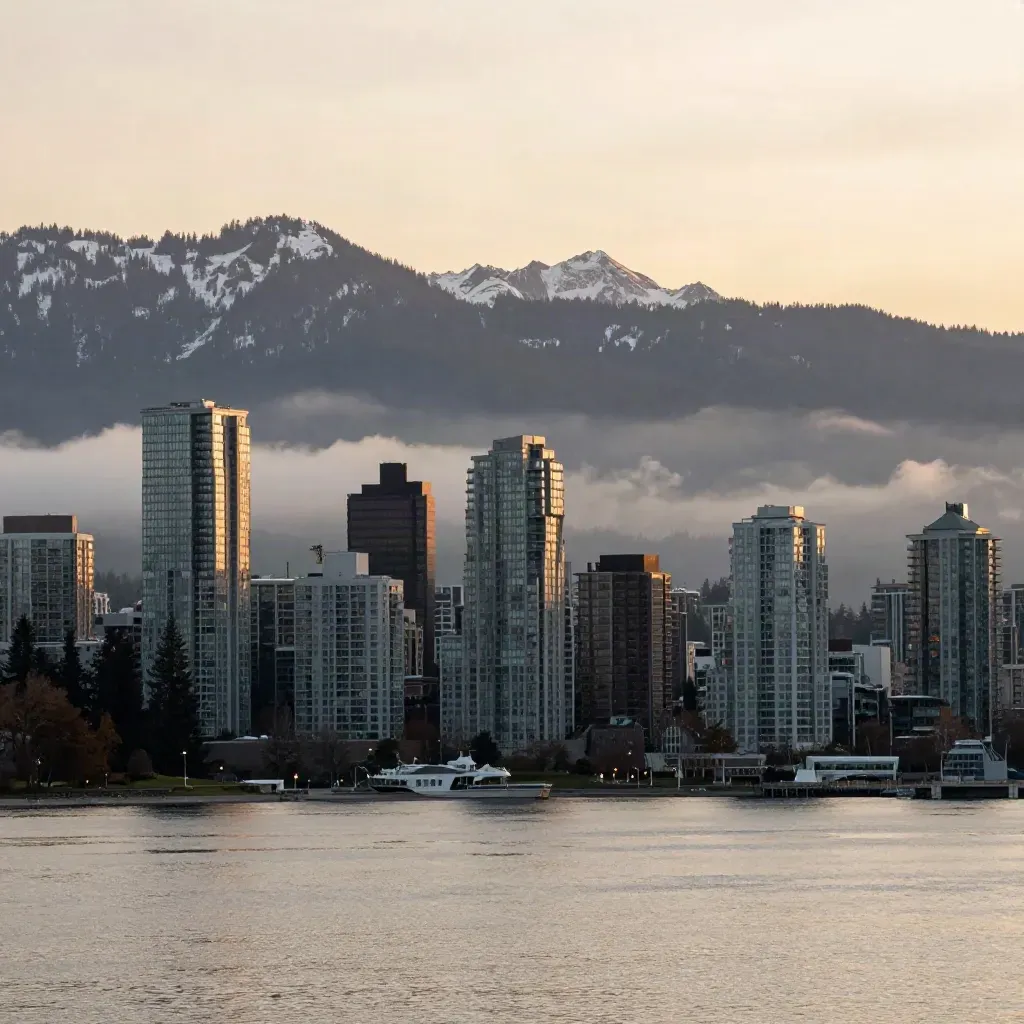 Vancouver skyline and North Shore mountains above misty still water at golden hour